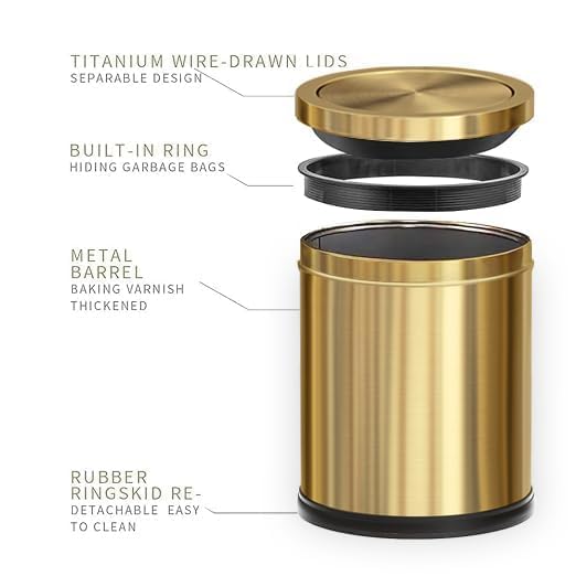15L/4GAL Gold Bathroom Trash Can, Small Waste Basket with Flipping Lid,Modern Trash can, Golden Trash Can for Bathroom,Kitchen,Living Room,Hotel,Office(Singer Gold)