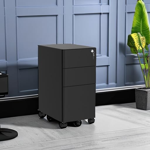 YITAHOME 3-Drawer Metal Filing Cabinet Office Drawers with Keys, Compact Slim Portable File Cabinet, Pre-Built Office Storage Solution for A4/Letter/Legal, Black