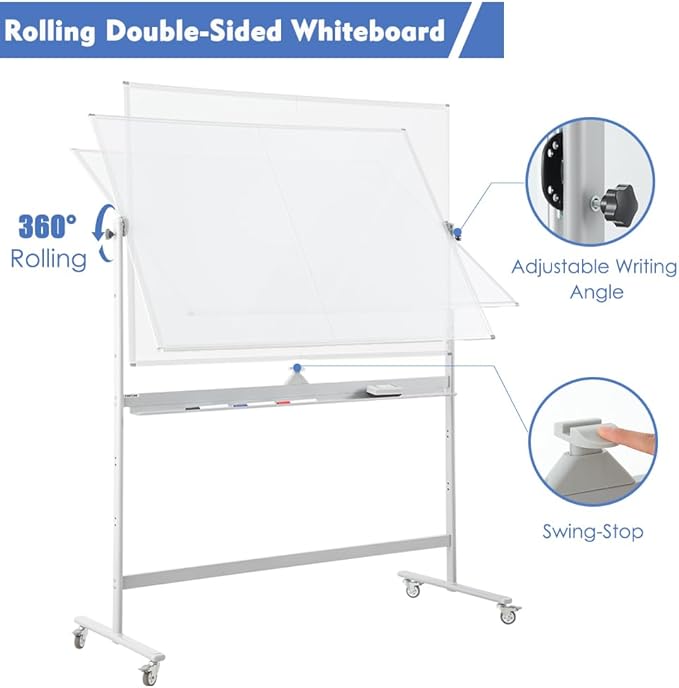 FORTUNO Large Magnetic Mobile Whiteboard 72"x48", Rolling Double Sided Stand Whiteboard on Wheels, Reversible Adjustable Height/Angle Dry Erase Board 6' x 4' Easel White Board for Office Classroom