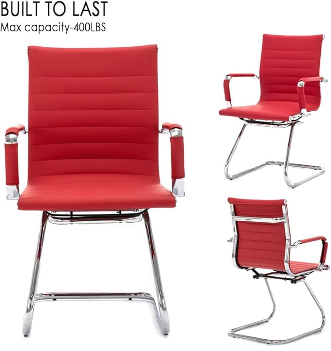 Office Desk Chair No Wheels Set of 6 PU Leather Computer Chairs Mid Back Guest Chairs for School Reception Conference Waiting Room, Deep Red