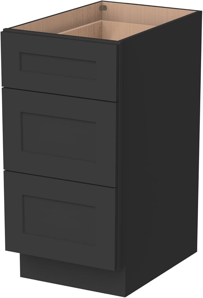 Shaker Style Charcoal Black RTA Solid Wood Base Cabinet with 3 Drawers and Soft Close Feature, 12" W x 24" D x 34.5" H, Perfect for Standalone Use or Kitchen Cabinet Combinations