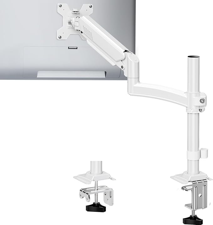 Single Monitor Arm Holds 4.4-22lbs, Monitor Stand for Desk, Height Adjustable Monitors Mount for 32 27 24 22inch, Full-Motion Monitors Desk Mount with C-Clamp&Grommet Base, Freelift White