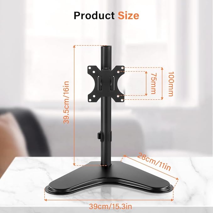 KKTONER Single Computer Monitor Stand Metal Base Free Standing Desk Vesa Mount for 13 inch to 32 inch Screen Height Adjustable Monitor Mount Full Motion Swivel Vesa 75*75mm/100*100mm Hold up 17.6Lbs