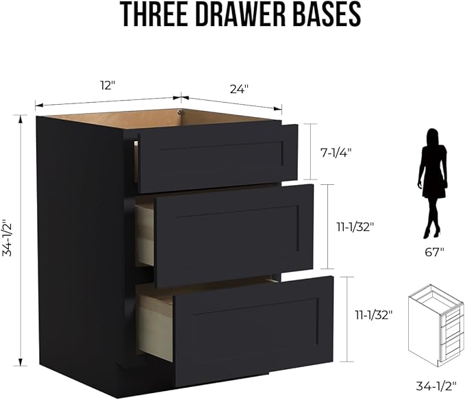Shaker Style Charcoal Black RTA Solid Wood Base Cabinet with 3 Drawers and Soft Close Feature, 12" W x 24" D x 34.5" H, Perfect for Standalone Use or Kitchen Cabinet Combinations
