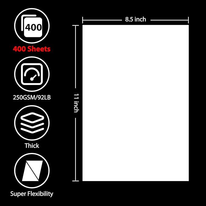 OcePor 400 Sheets White Cardstock 8.5” x 11”, 92lb/250gsm Card Stock, Thick Card Stock Paper, Heavy Cardstock Paper for Printer, Resume, Scrapbooks, Art, Crafts, Business Cards