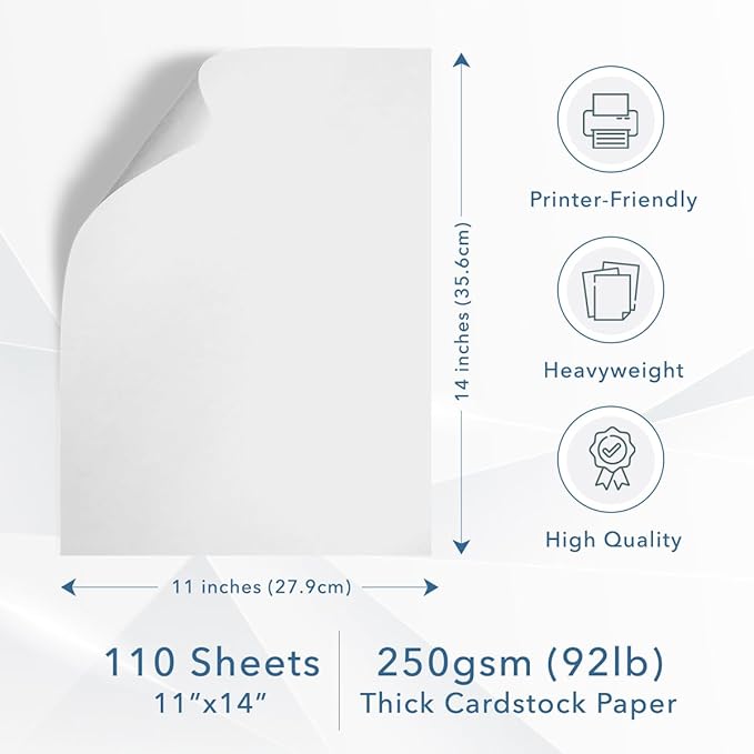 MOS Cardstock Paper – 11” x 14”, 250 GSM, 110 Sheets – Heavyweight White Poster Board Paper for Menus, Certificates & Crafts – Smooth Finish, Printer-Friendly