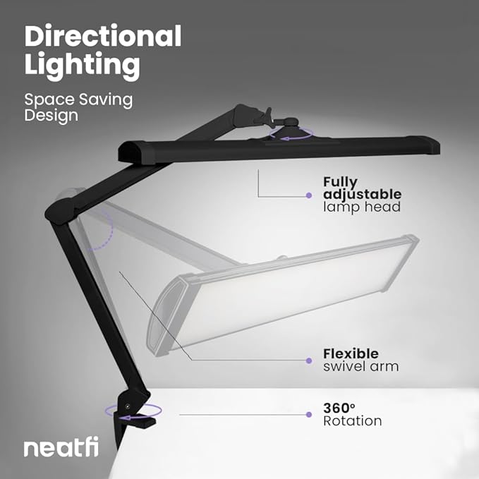 Neatfi Ultra 3,500 Lumen LED Desk Lamp, 45W, 26-Inch Wide Metal Shade, 270 SMD LEDs (Non-CCT with Clamp, Black)