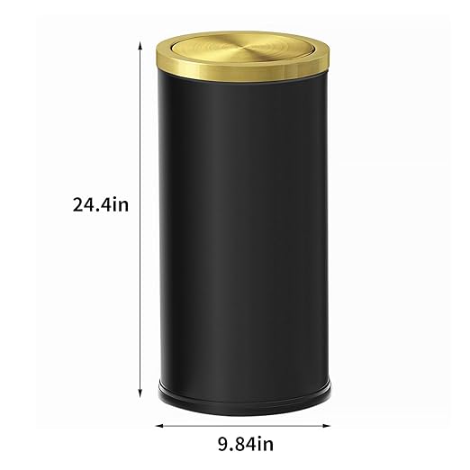 Brushed Gold Kitchen Trash Can with Swing Lid 7.8Gallon,Stainess Steel Commercial Garbage Can Wastebaskets for Shopping mall,Hotel Lobby,Airport, Alevator Using (Black with gold lid, 7.8 gallon)