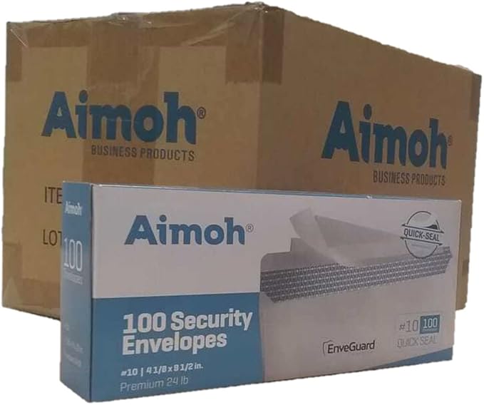 Aimoh #10 Security Tinted Self-Seal Envelopes - No Window - EnveGuard, Size 4-1/8 X 9-1/2 Inches - White - 24 LB - 1 Case - 12 Packs - 1,200 Envelopes (34100-CS)