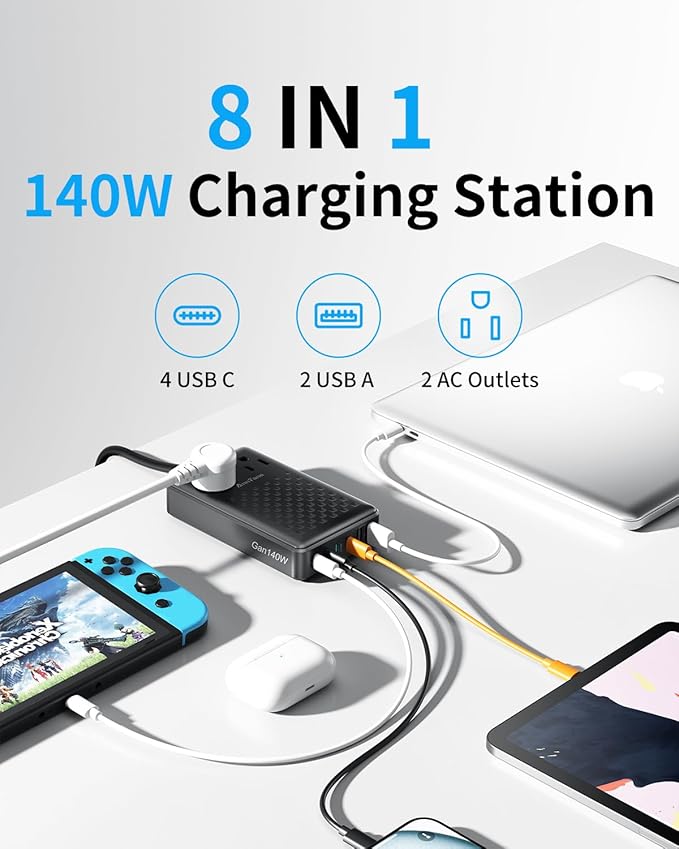 Charging Station 140W USB C Charger Block, Upgraded GaN III 8-in-1 Fast Charging Station Hub,PD 100W Laptop Charger Adapter Compatible with Compatible with MacBook Air/Pro,iPhone16/15,Galaxy S24 etc