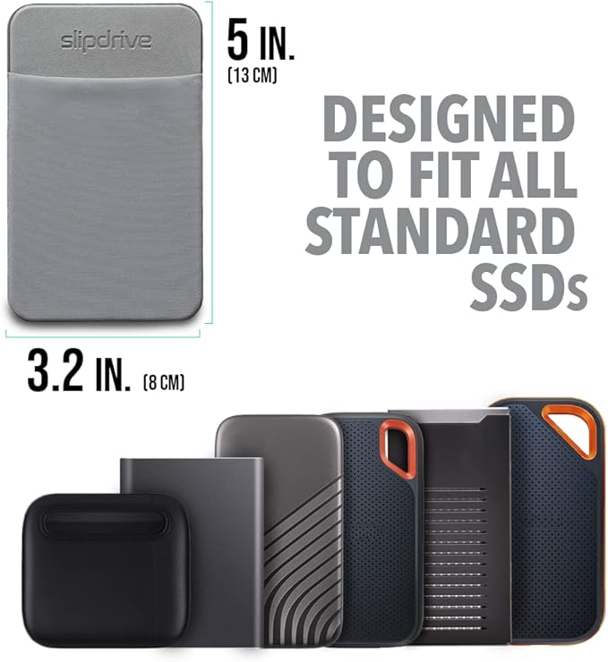 Slipdrive - Portable Hard Drive Sleeve for Laptop - SSD Solid State Drive - Reusable Adhesive - 5” x 3.2” Stick on External Hard Drive Carrying Case - Travel Pocket Pouch (Small, Gray)