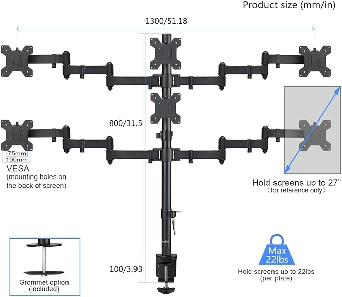 Suptek Hex LED LCD Monitor Stand up Desk Mount Extra Tall 31.5 inch Pole Heavy Duty Fully Adjustable Stand for 6 / Six Screens up to 27 inch (MD68126)