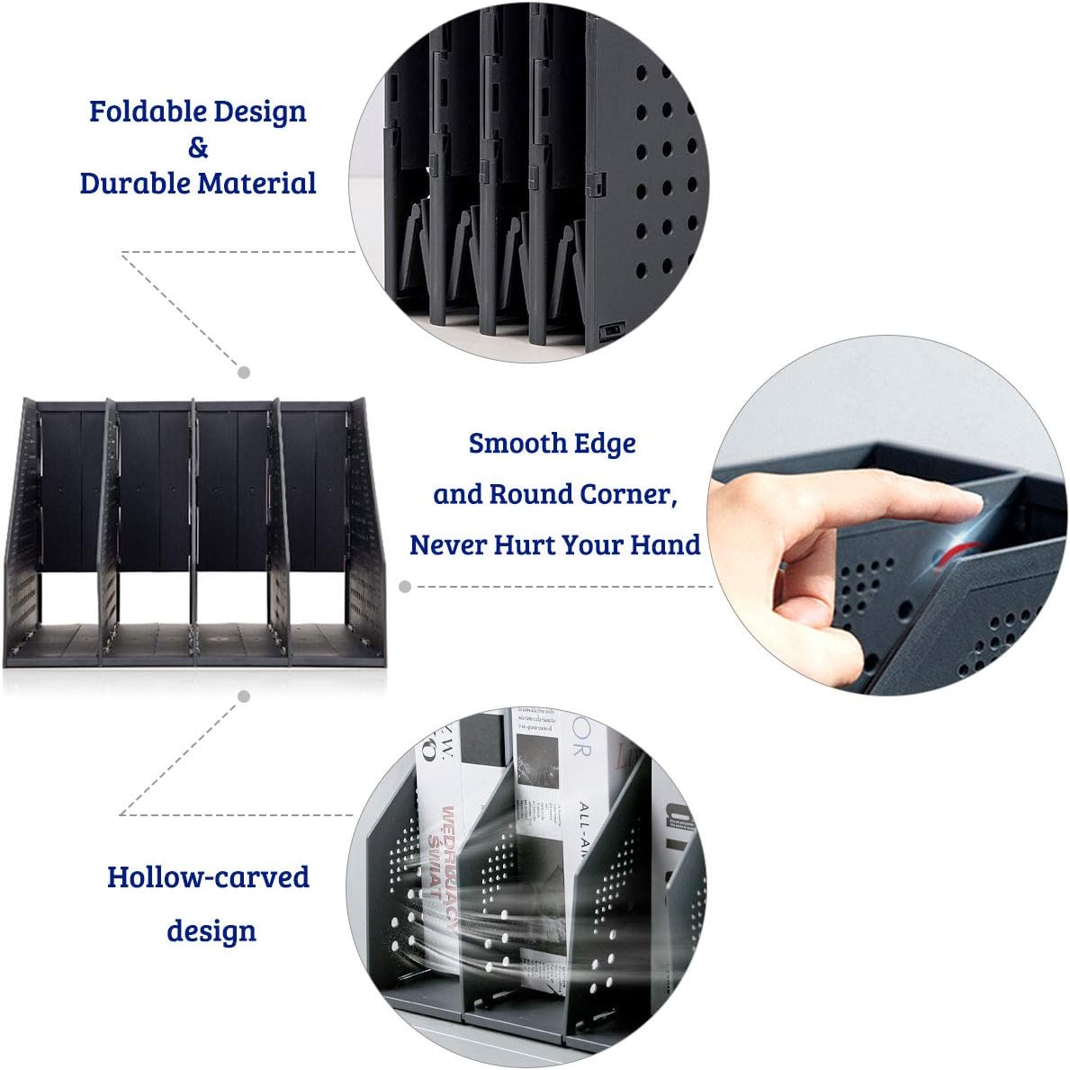 Lemical Magazine Holder 4 Vertical Compartments Collapsible Magazine File Holder Space Saving Rack Home Kitchen Desk Organizer No Need Assemble (Black)