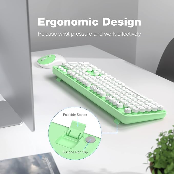 MOFII Wireless Keyboard and Mouse Combo, Computer Full Size 2.4G Plug and Play Wireless Typewriter Retro Round Keyboard and Mouse Set for Windows, Computer, Desktop, PC, Notebook - (Light Green)