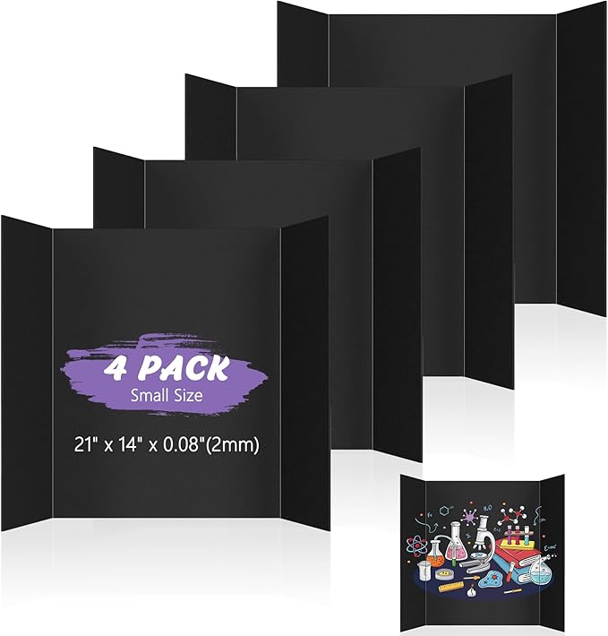4 Pack Small Trifold Poster Board 21" x 14" Tri Fold Poster Boards Black Corrugated Cardboard Project Boards for Presentations, School Projects, Science Fair, Exhibition Event Display