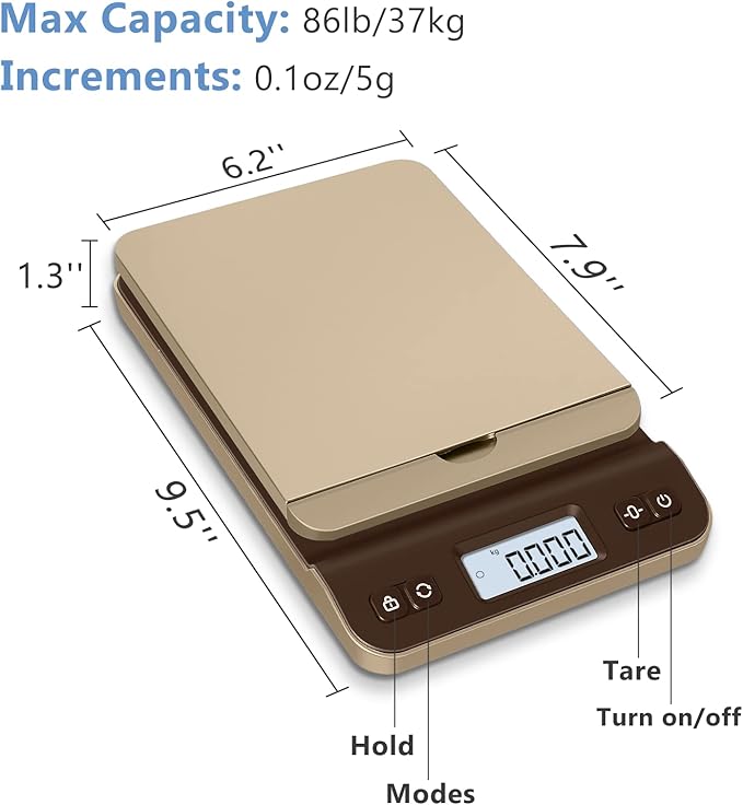 QP Digital Shipping Postal Scale, 86lb/0.1oz Accuracy Postage Scale with Hold/Tare Function, LCD Display, Flip-up Holder Package Scale, UPS Postal Scale for Packages, Battery & Tape Measure Included