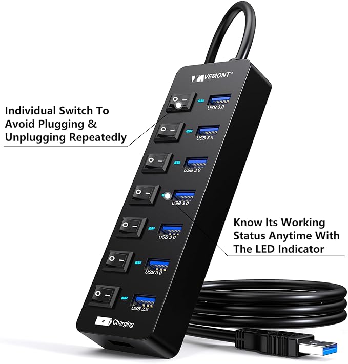 Powered USB Hub 3.0,VEMONT 7 Ports Multi USB hubs and 1 USB Smart Charging Port with 5V/3A Power Supply,USB Extension Splitter with Individual On/Off Switches and 4ft/1.2m Long Cable for PC/Laptop