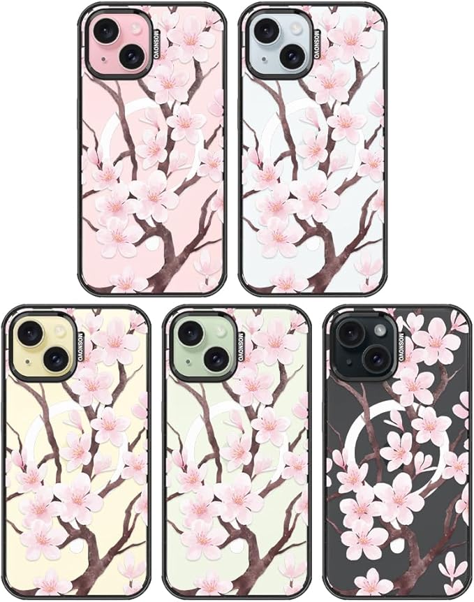 MOSNOVO Magnetic Case for iPhone 15, 10ft Military-Grade Protection, Compatible with Magsafe, Shockproof Phone Case for iPhone 15 - Cherry Blossom - Clear Black