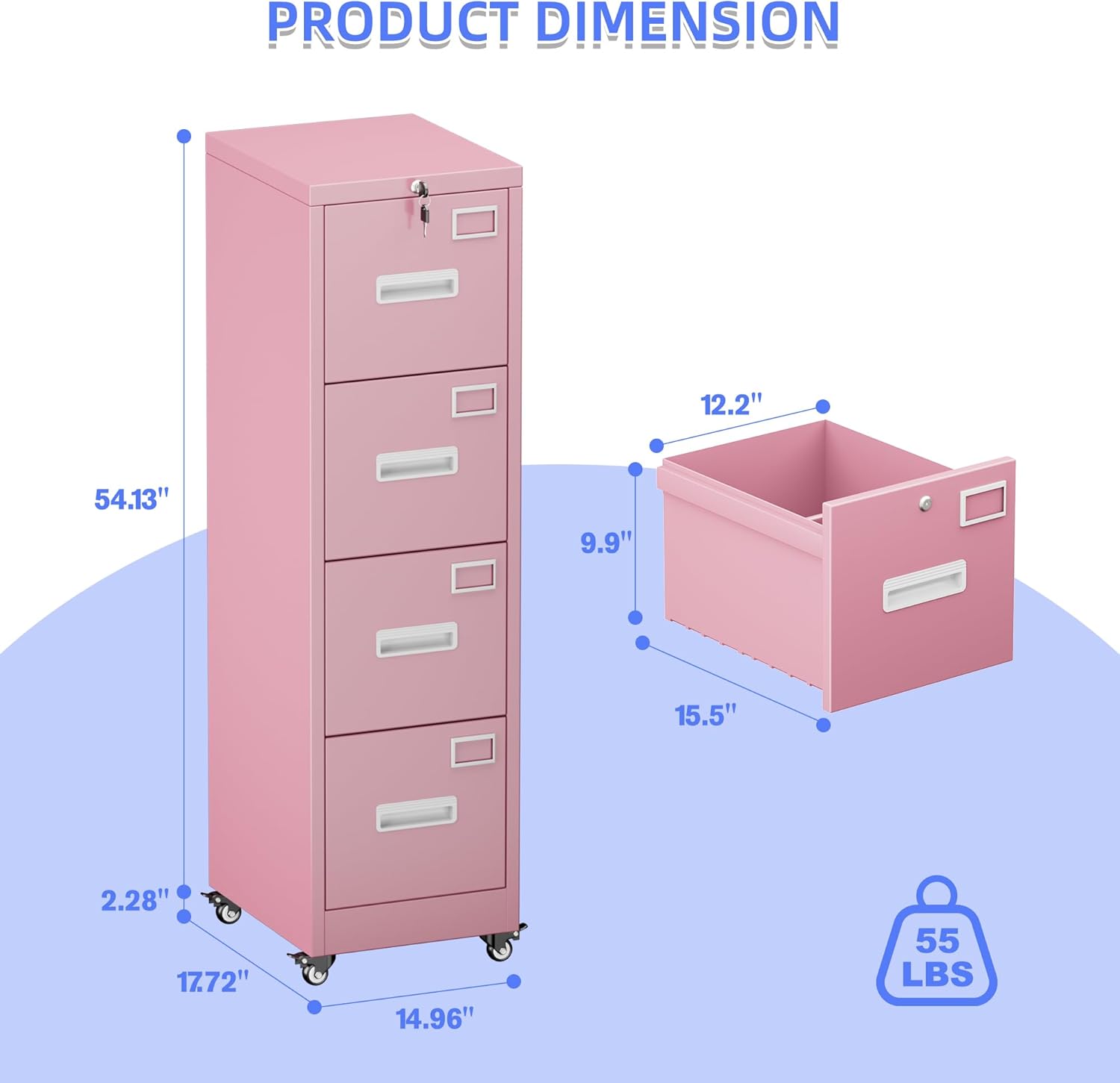 METAN 4 Drawer Vertical File Cabinet on Wheels, Lockable Office Files Storage Cabinet with Handle and Name Card,Mobile Storage Cabinet for Office and Home,Assembly Required,Pink