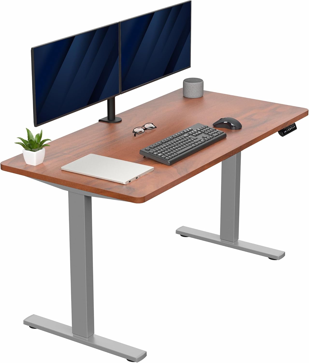 VIVO Electric 55 x 28 in Standing Desk, Memory Height Adjustment, 1B Series, One-Piece Dark Walnut Top, Gray Frame, DESK-KIT-1G55D