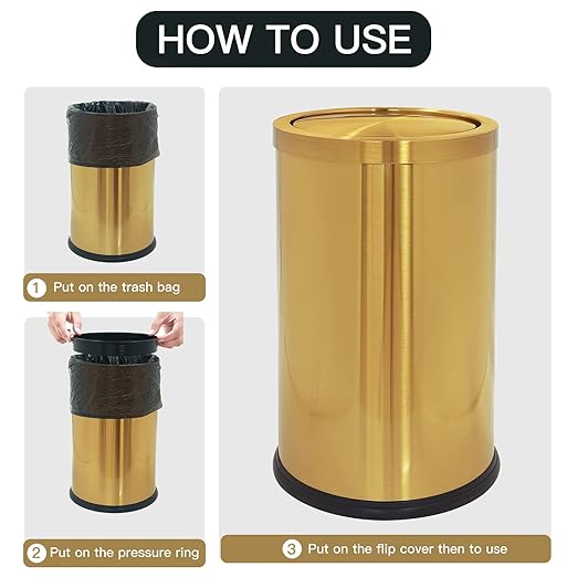 Stainless Steel Gold Trash can with Flipping Lid 2.4gallon Fingerprint-Proof Garbage cans Wastebasket Bin for Kitchen bothroom Living Room (Black with Gold lid, 2.6 Gallon)