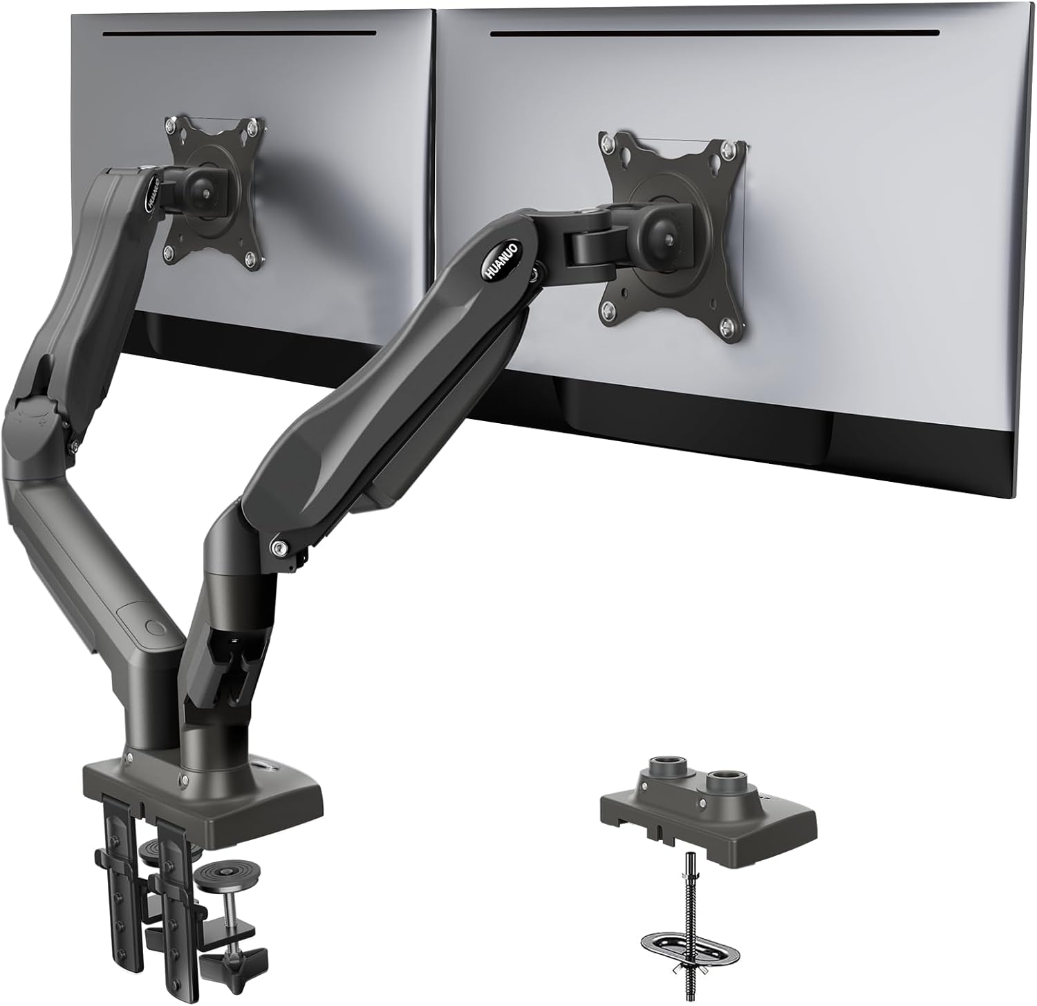 HUANUO Dual Monitor Stand - Full Adjustable Monitor Desk Mount Swivel Vesa Bracket with C Clamp, Grommet Mounting Base for 13 to 32 Inch Computer Screens - Each Arm Holds 4.4 to 19.8lbs -Grey
