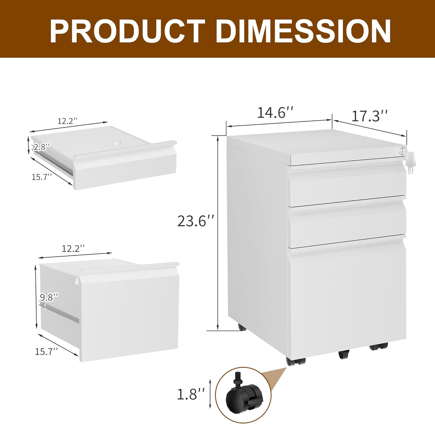 Metal Mobile File Cabinet with Lock and 4 Keys - Fully Assembled, Under Office Desk 3 Drawers Filing Cabinet for Home Office with Anti-tilt Wheels, A4/Legal/Letter Hanging File Drawers