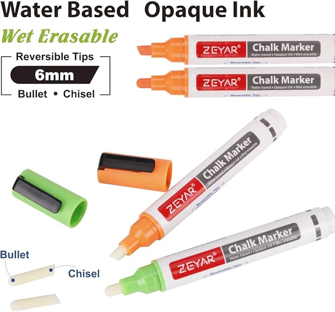 ZEYAR Liquid Chalk Marker-Wet Erase Marker, 6mm Reversible Tip-Bullet or Chisel, 8 Colors, Large Capacity, Writes on Nonporous Chalkboards, Bistro Boards, Windows and Plastic (8 Basic Colors)