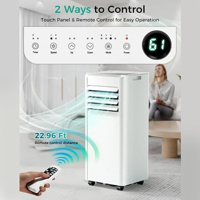 Portable Air Conditioner 8000 BTU (ASHRAE), 3-in-1 Mode AC Cools Up to 350 Sq. Ft., LED Display & Remote Control, 24H Timer, AC Unit with Window Kits for Bedroom/Dorm/Office(White)