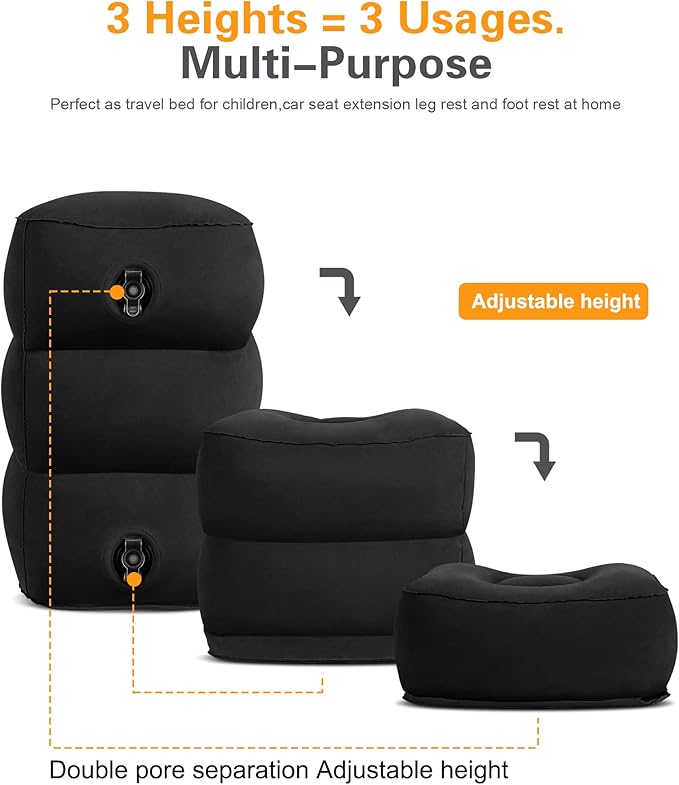 Sunany Inflatable Foot Rest Pillow , Adults Airplane Travel Pillow-Adjustable Height Cushions,for Kids to Sleep While Traveling,Suitable for Office, Home and Any Travel(Black)