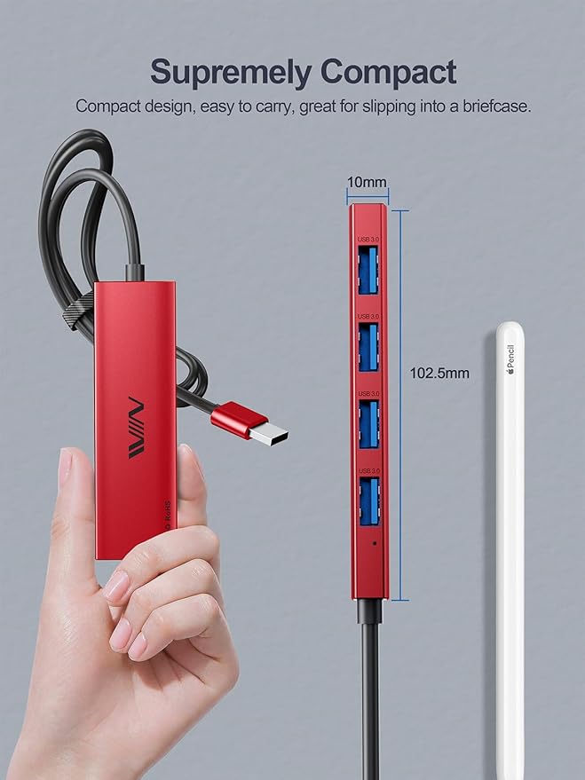 USB 3.0 Hub,4 Port USB Splitter Extender Portable Adapter Multiport Data Hub for Laptop,Xbox, Flash Drive,HDD,Console,Camera,Keyborad,Mouse Windows,Mac OS PC,Not Designed to Charge Devices-Red