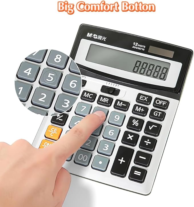 M&G Desk Calculator 12 Digit Extra Large LCD Display Calculator, Dual Solar Power and Battery, Battery Included, Metal Panel Comfort Button Calculator for Office Home School