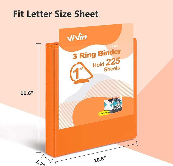 ViVin Sturdy 1 Inch D Ring Binders, 3 Ring Binders with 2 Pockets, Hold 225 Sheets of US Letter Size Paper for Office,Home,School, 6 Pack (Orange)