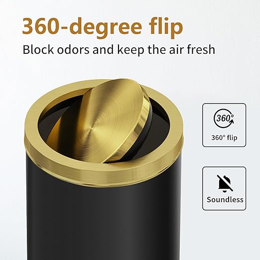 Brushed Gold Kitchen Trash Can with Swing Lid 7.8Gallon,Stainess Steel Commercial Garbage Can Wastebaskets for Shopping mall,Hotel Lobby,Airport, Alevator Using (Black with gold lid, 7.8 gallon)
