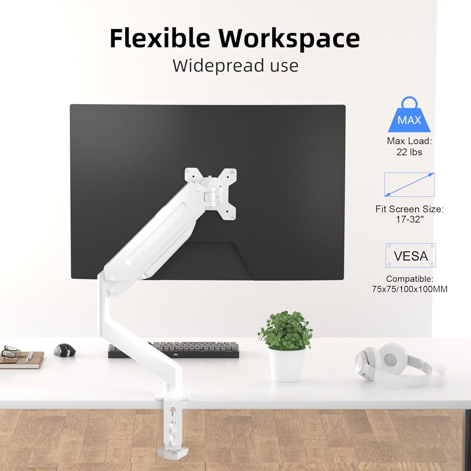Suptek Single Monitor Mount Adjustable Gas Spring Monitor Arm Desk Mount Stand Fits 17 20 22 23 24 26 27 32 33 inch Monitors,Holds up to 22 lbs,White(MD18W)