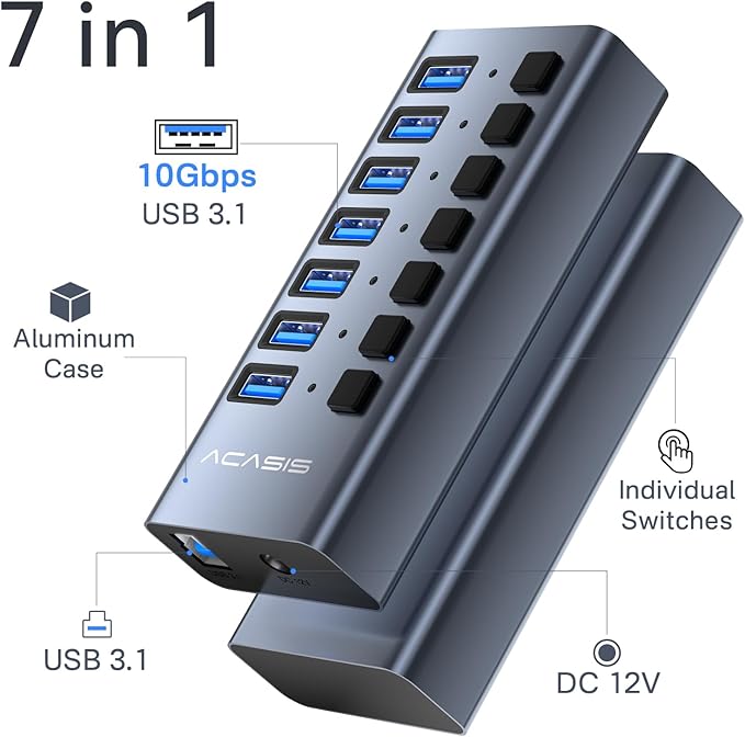 Powered USB 3.1 Hub, ACASIS 7 Ports USB 3.1 Hub with 10Gbps Data Speed,Aluminum Housing, USB Hub Powered with 24W Power Adapter, USB Hub for PC/Laptop, Computer, Flash Drive, Printer, Camera
