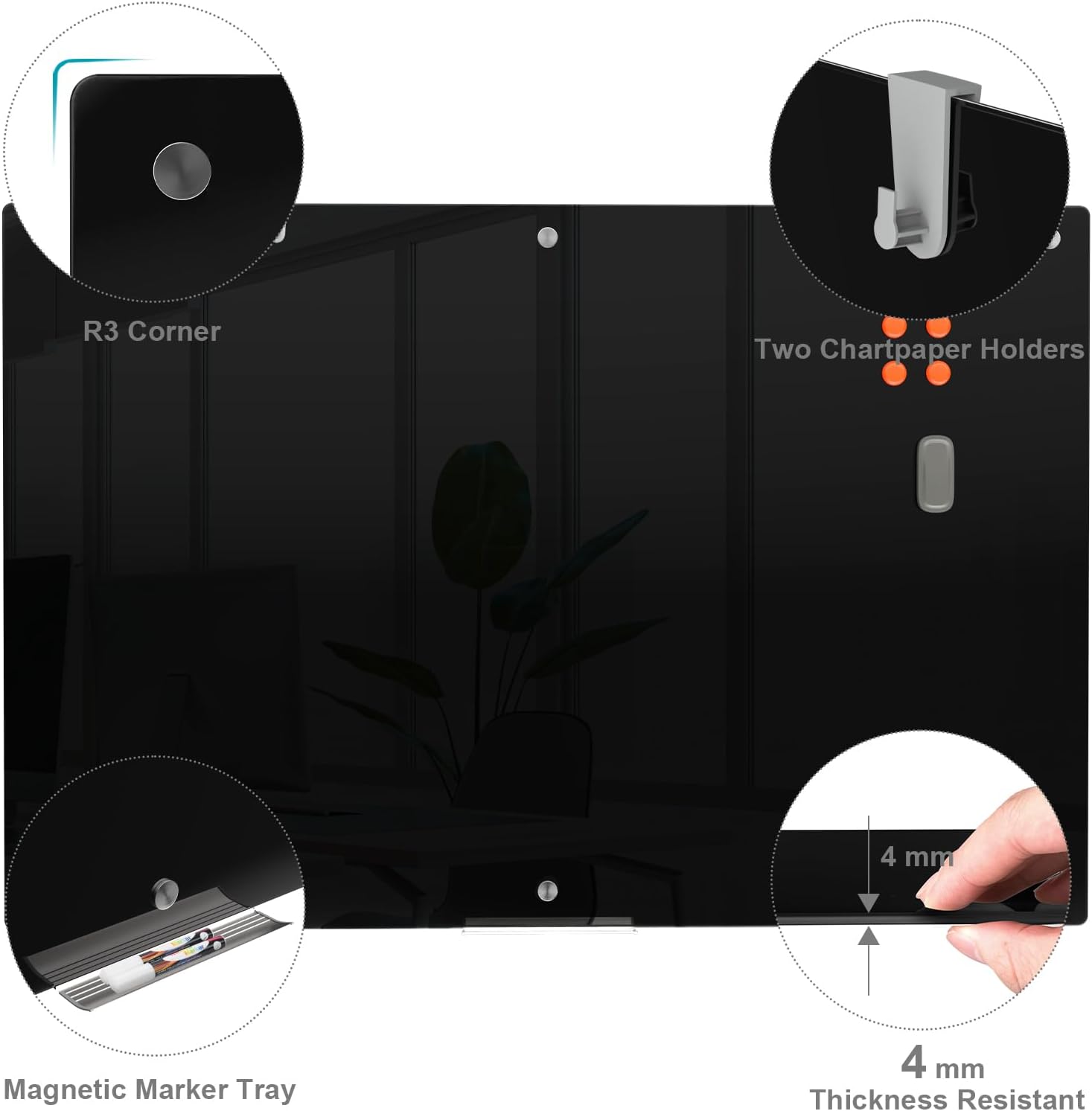 Large Black Glass Dry Erase Board, 72 x 48 Inches Magnetic Glass whiteboard,6' x 4' Frameless Blackboard for Office,Home,School