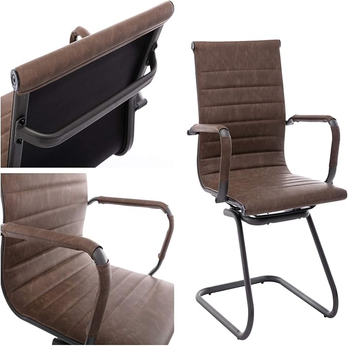 Office Desk Chair No Wheels Set of 8 PU Leather Computer Chairs Mid Back Guest Chairs for School Reception Conference Waiting Room, Vintage Brown