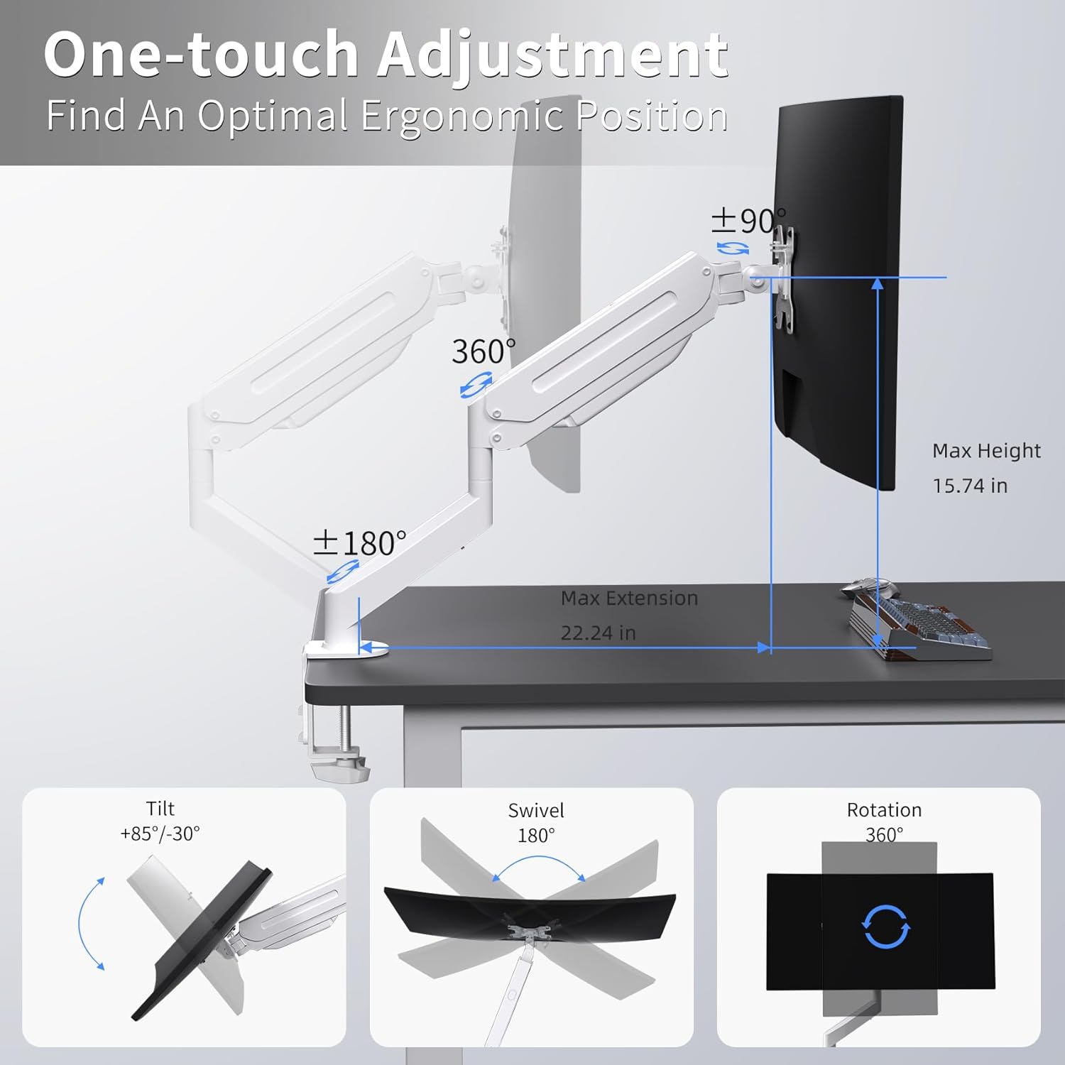 Suptek Single Monitor Mount Adjustable Gas Spring Monitor Arm Desk Mount Stand Fits 17 20 22 23 24 26 27 32 33 inch Monitors,Holds up to 22 lbs,White(MD18W)