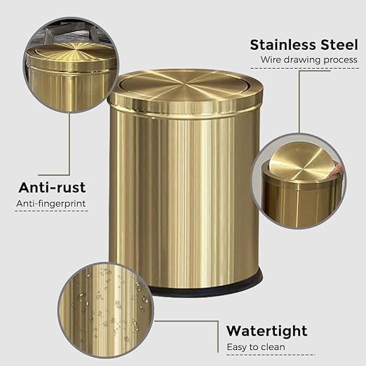 15L/4GAL Gold Bathroom Trash Can, Small Waste Basket with Flipping Lid,Modern Trash can, Golden Trash Can for Bathroom,Kitchen,Living Room,Hotel,Office(Singer Gold)