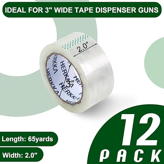 HERKKA Clear Packing Tape, 12 Rolls Heavy Duty Packaging Tape for Shipping Packaging Moving Sealing, Thicker Clear Packing Tape, 2 inches Wide, 65 Yards Per Roll, 780 Total Yards