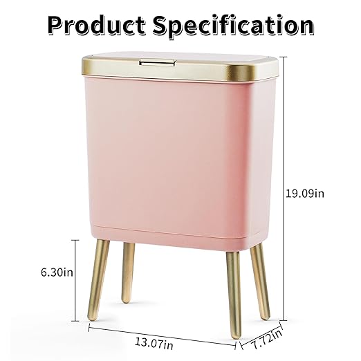 Procade 2Pack Office Trash Can with Lid, Bathroom Garbage Bin with Gold Edge, Modern Pink Trash Can for Bedroom, Slim Waste Basket Plastic Trash Bin for Room,Kitchen, Living Room,Toilet, 4 Gallon