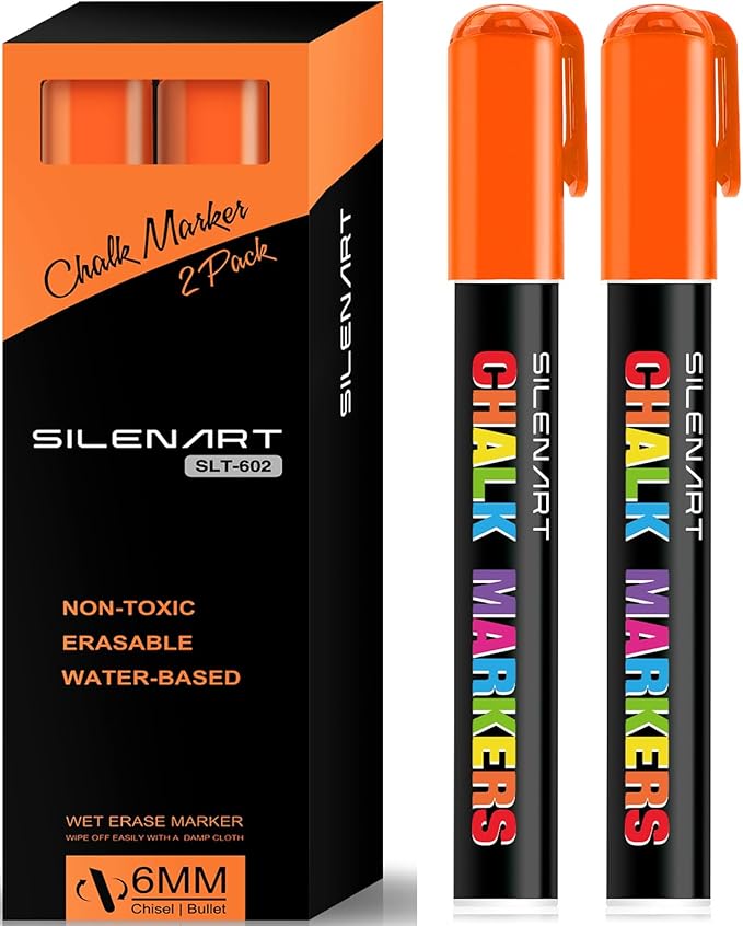 SILENART Orange Chalk Markers 2 Pack - Orange Dry Erase Markers Pen - Liquid Chalk Markers for Chalkboard, Window, Glass, Mirror, Blackboard