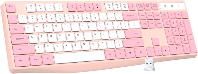 Lovaky Wireless Keyboard, 2.4G Ergonomic Wireless Computer Keyboard, Enlarged Indicator Light, Full Size PC Keyboard with Numeric Keypad for Laptop, Desktop, Surface, Chromebook, Notebook,PinkWhite