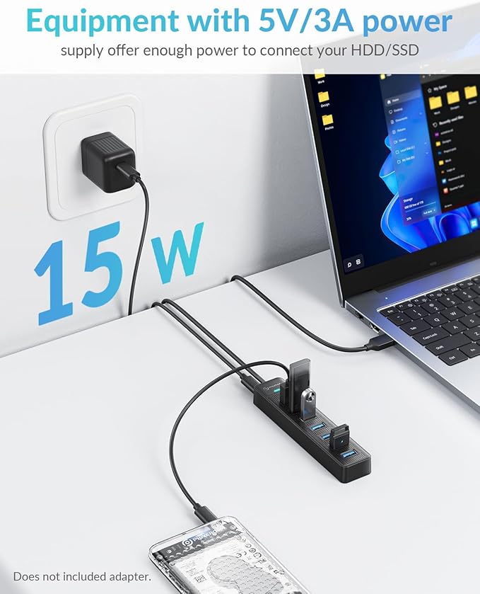 PHIXERO 7 Port USB Hub, 3.3FT/1M Long Cable USB 3.0 Hub Multi USB Port Hub Adapter Extension USB Splitter USB Hub for PC, Compatible with All USB 3.0/2.0/1.1 Device