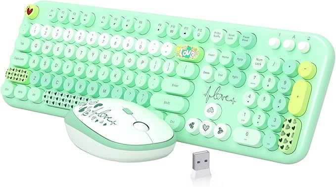 Wireless Keyboard Mouse Set,MOFII 104 Round Keys Lovely Retro Cute Colorful Computer Typewriter Keyboard and Mouse for PC/Mac/Laptop/Tablet/Computer/Windows Green