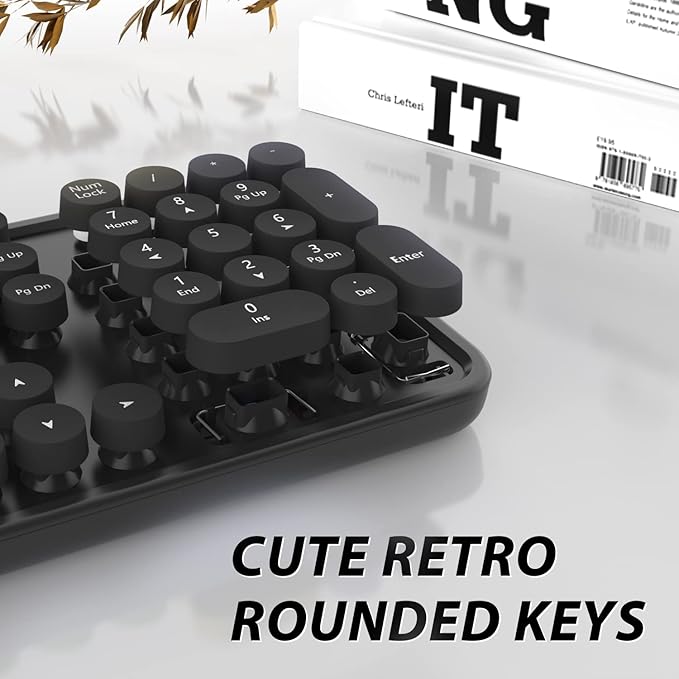 Wireless Keyboard and Mouse Combo, Cute Full Size 104-Key Typewriter Retro Round Keycaps Keyboard for PC Laptop,Windows,Desktop,Perfer for Home and Office Keyboards (Black)