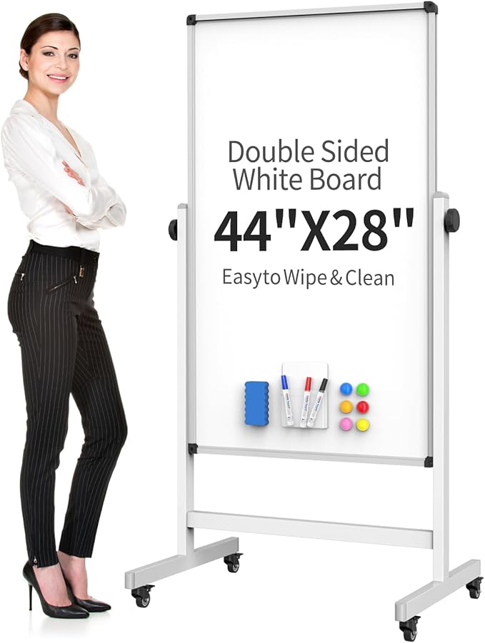 Rolling Whiteboard, Double Sided Magnetic Dry Erase Board Height Adjustable Whiteboard with Stand for Home Office Classroom (44" x 28")