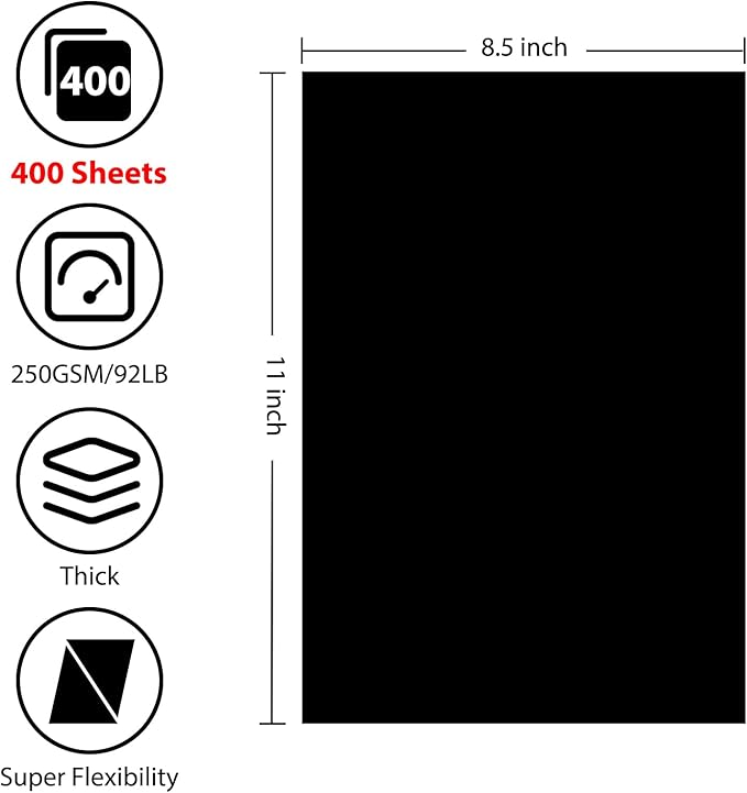 OcePor 400 Sheets Black Cardstock 8.5” x 11”, 92lb/250gsm Black Card Stock, Thick Card Stock Paper, Heavy Cardstock Paper for Printer, Resume, Scrapbooks, Art, Crafts, Business Cards