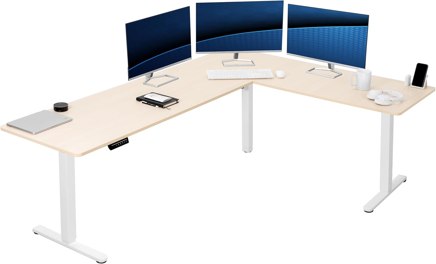 VIVO Electric Corner L-Shaped 84 x 63 in Standing Desk, Memory Height Adjustment, Light Wood Top White Frame, DESK-E3CTWC-84